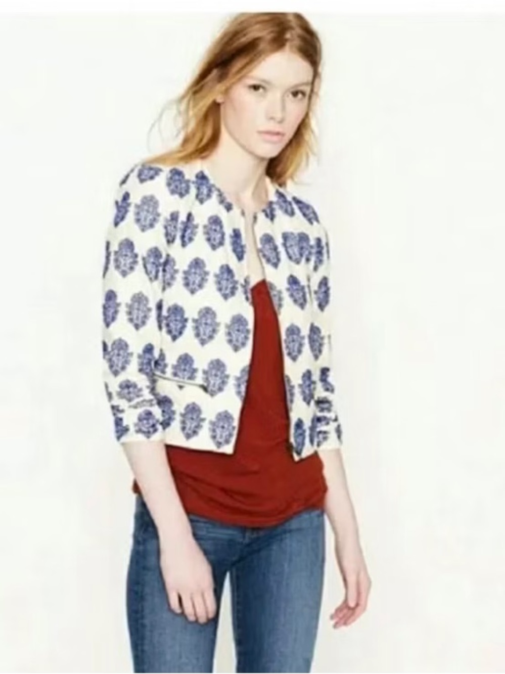 J.Crew blue and white filigree/paisley embroidered cotton zip-front crop jacket